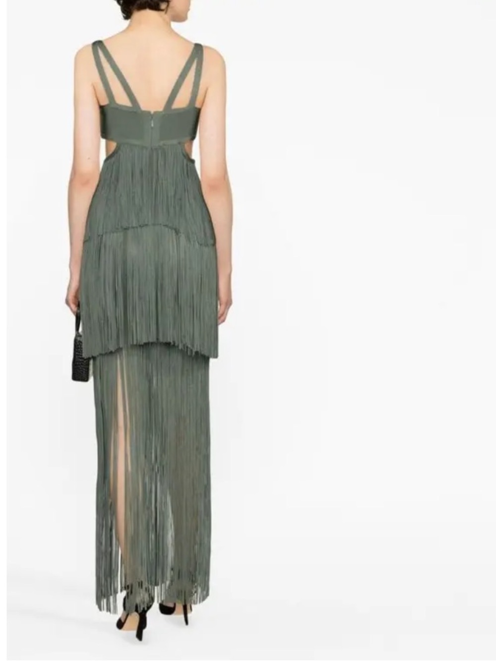 Herve Leger Strappy Tiered Fringe Maxi Dress Cutout Gown in Willow Green Medium - Picture 3 of 12